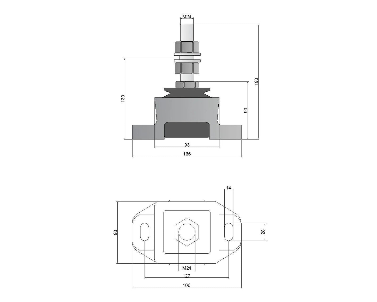 Novibrasyon Marin engine mount technical drawing with dimensions for Cummins, CAT, and Yanmar marine engines.
