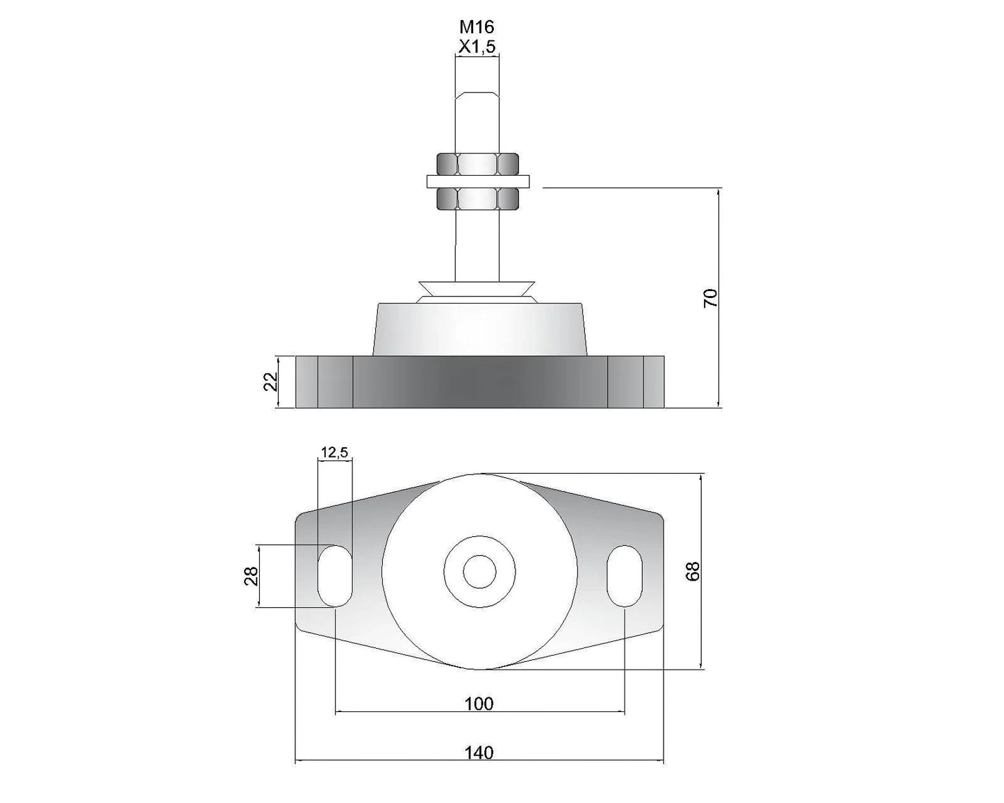 Novibrasyon Marin MT1 marine engine mount technical drawing showing dimensions and M16 bolt.