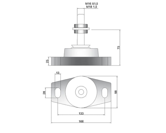 Novibrasyon Marin MT2 marine engine mount technical drawing showing dimensions and M16/M18 thread sizes.