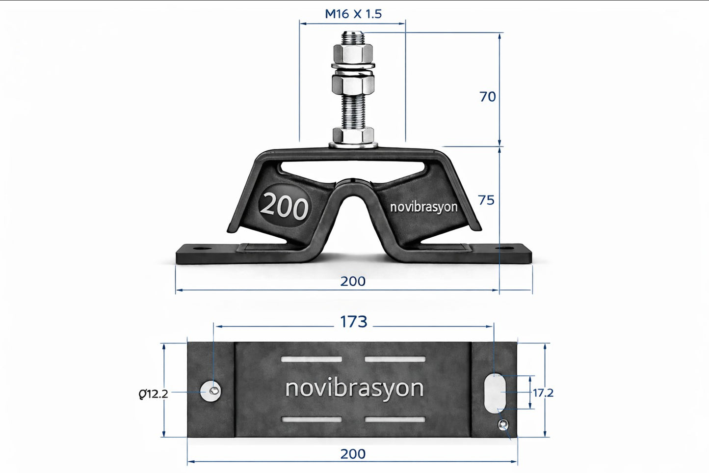 Novibrasyon Marin engine mount set for Yanmar saildrive SD40/SD50 engines. Black rubber and metal construction with dimensions shown.