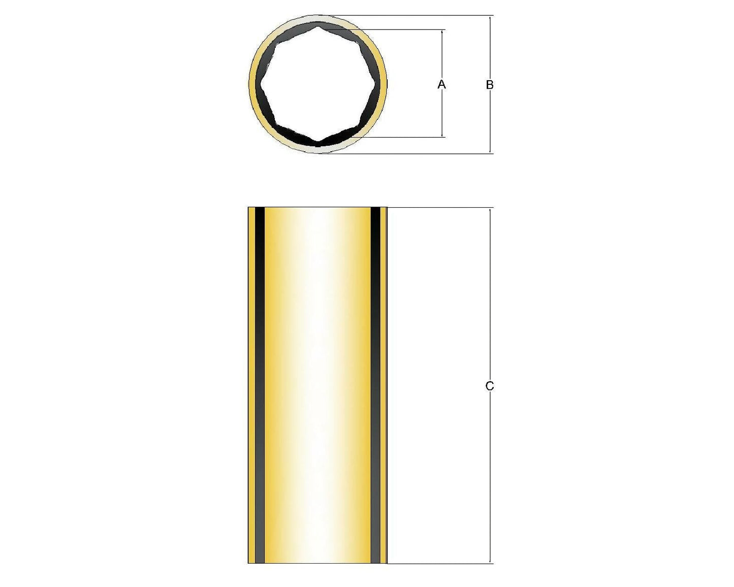 Novibrasyon Marin bronze shaft bearing with dimensions A, B, and C. Features a polished bronze exterior and a multi-faceted interior.