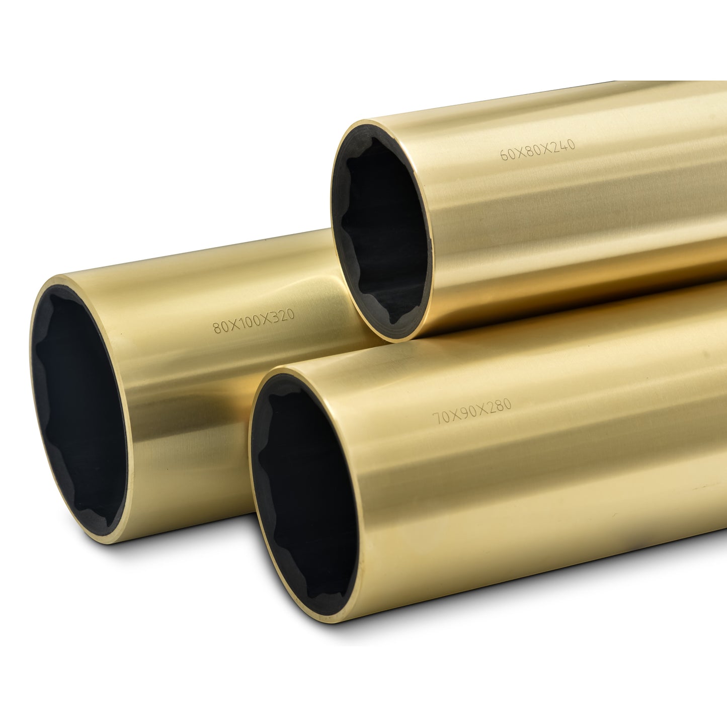 Novibrasyon Marin bronze shaft bearing, marine-grade bronze, cylindrical shape with black interior lining, various sizes marked.