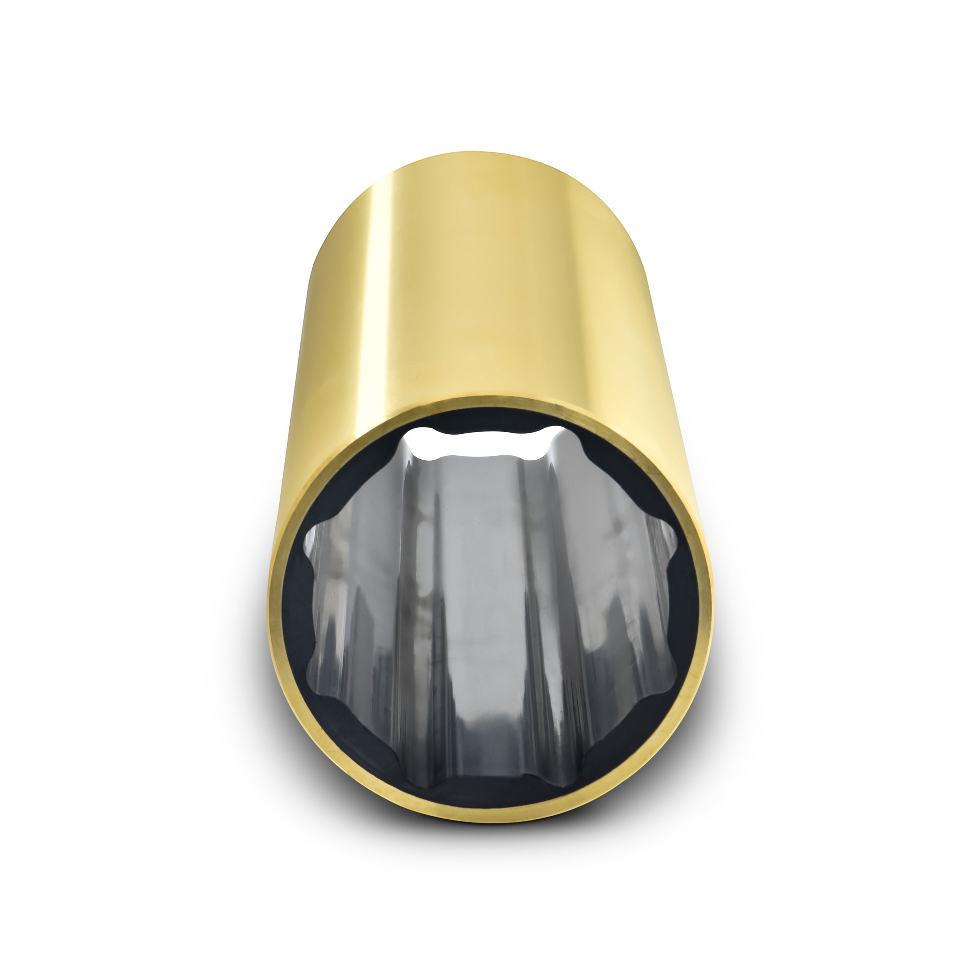 Novibrasyon Marin bronze shaft bearing, cylindrical, gold-toned exterior, fluted interior, marine-grade bronze