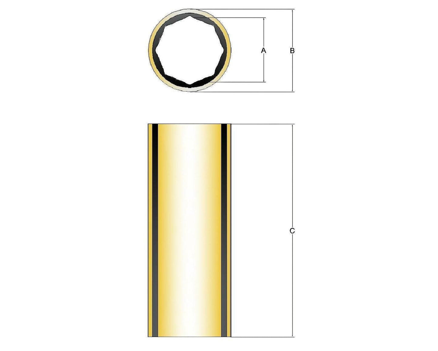 Novibrasyon Marin bronze shaft bearing, technical drawing showing dimensions A, B, and C. The bearing is cylindrical with a multi-faceted inner bore.