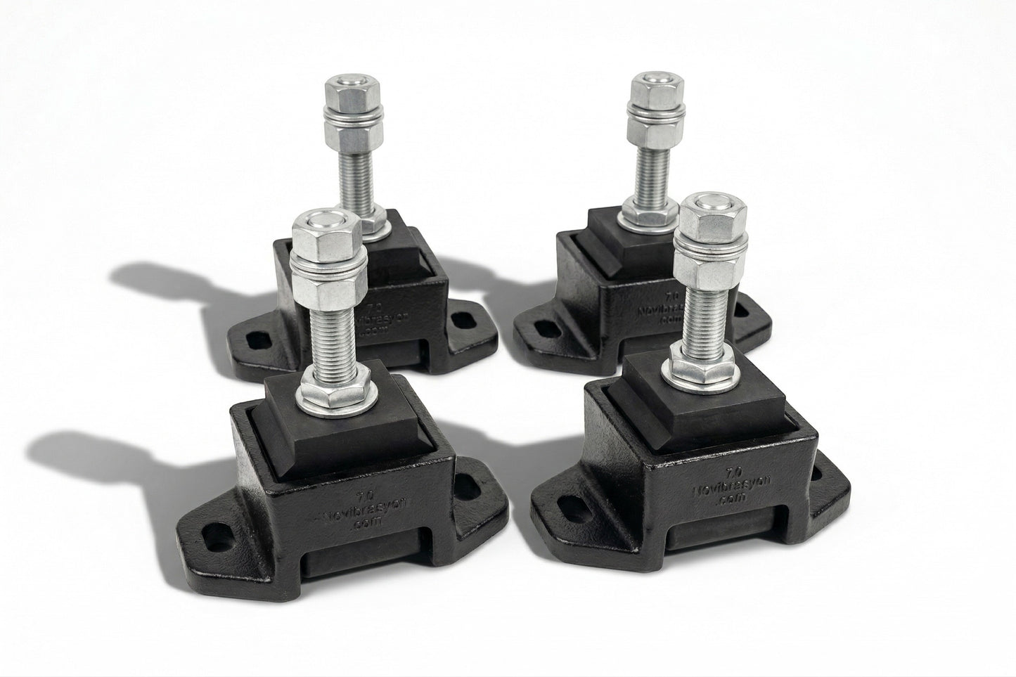Novibrasyon Marin set of 4 black rubber and metal M20 stud engine mounts for Cummins 5.9L diesel engines.
