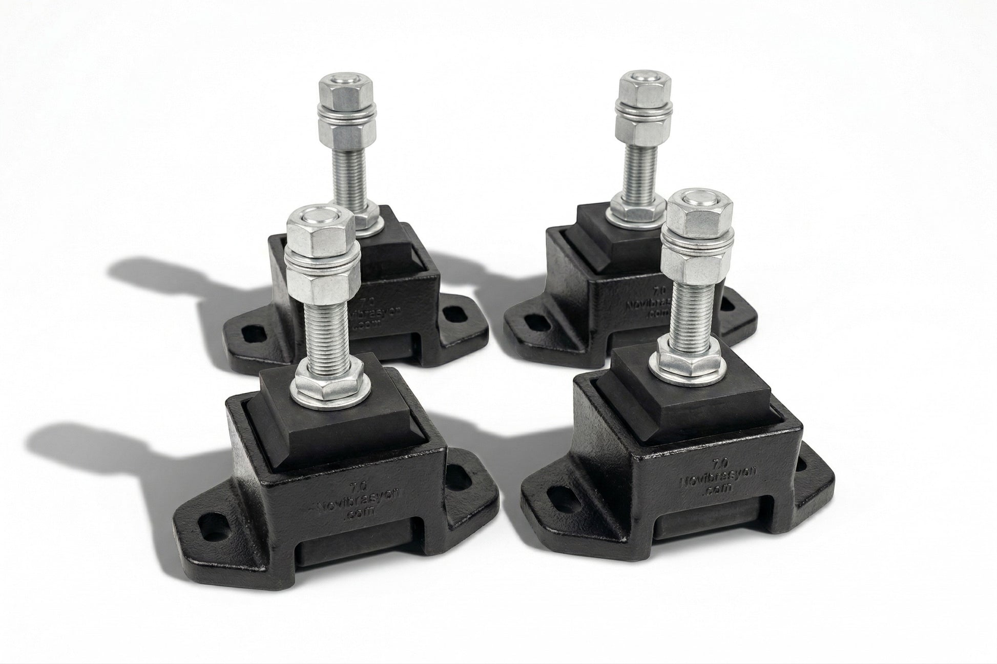 Novibrasyon Marin set of 4 black rubber and metal M20 stud engine mounts for Cummins 5.9L diesel engines.