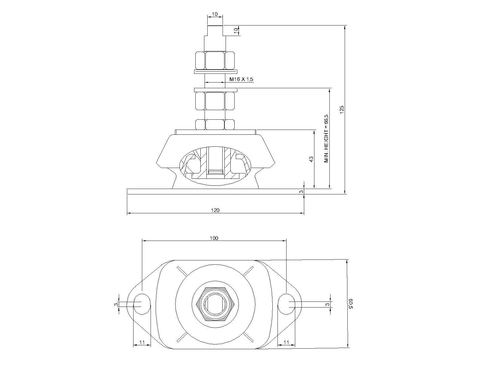 Novibrasyon Marin technical drawing of a 100KG marine engine mount with M16 x 1.5 stud, showing dimensions.