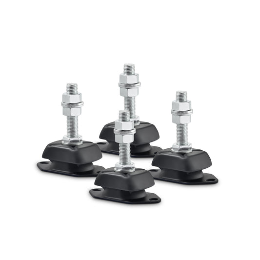 Novibrasyon Marin set of 4 black rubber marine engine mounts with 16mm studs and nuts for vibration isolation.