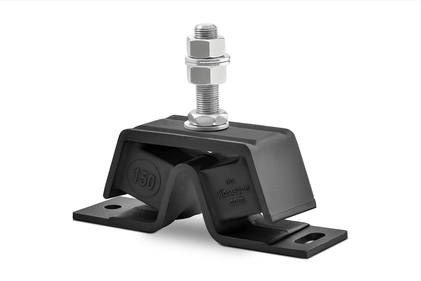 Novibrasyon Marin black rubber and steel engine mount #150 for Yanmar 3JH4JH engines, with bolt and nuts.
