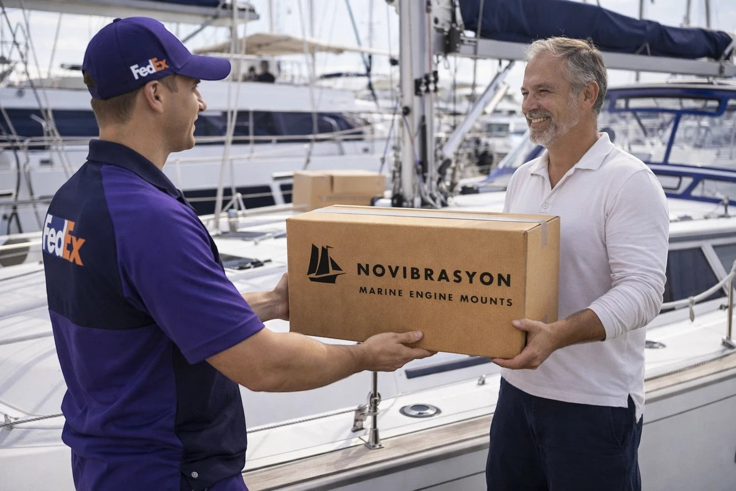Novibrasyon Marin engine mount box being delivered by FedEx to a customer on a boat dock.