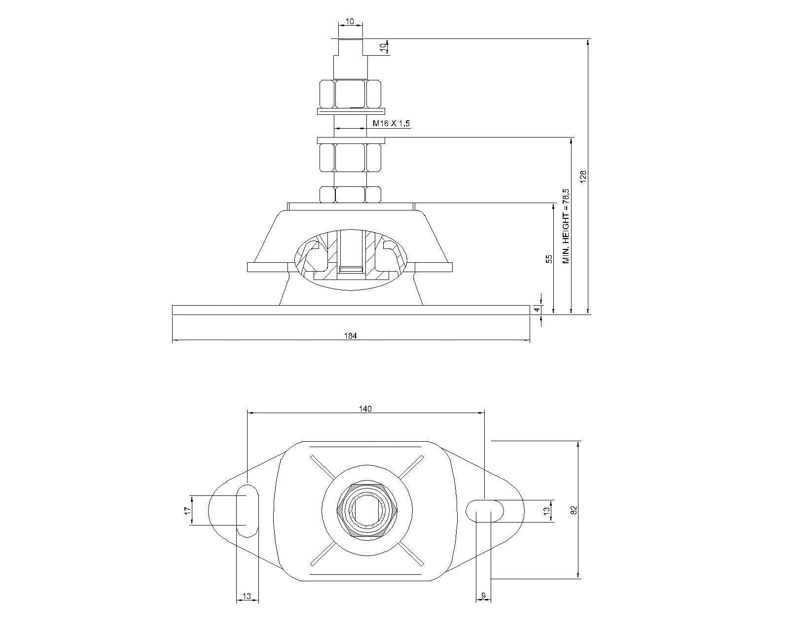 Novibrasyon Marin marine engine mount technical drawing showing dimensions and M16 stud.
