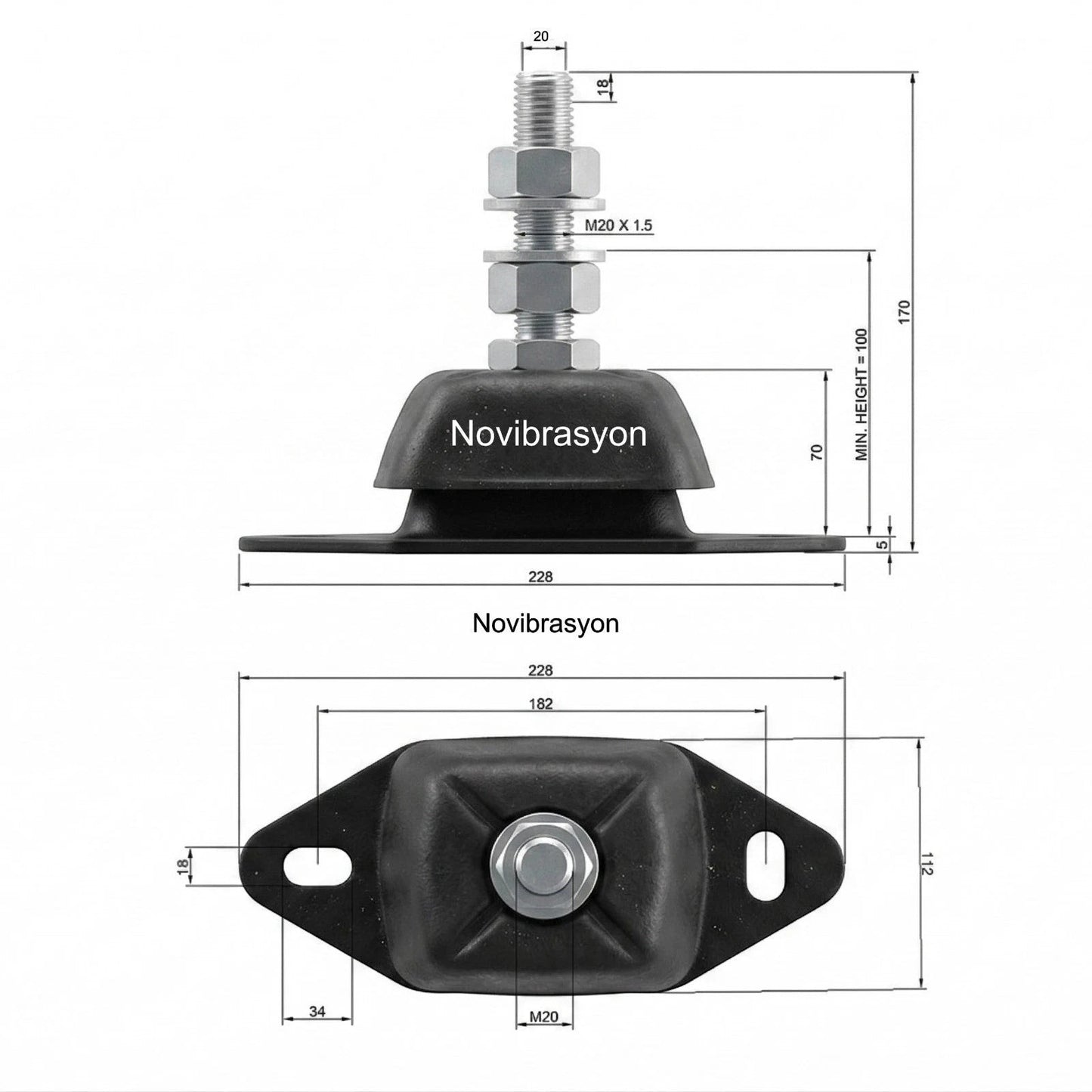 Novibrasyon Marin heavy-duty black rubber marine engine mount with 20mm stud, 500KG capacity, and dimensions shown.