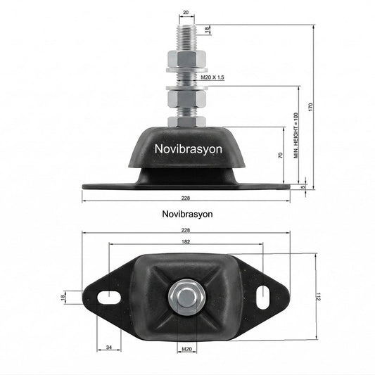 Novibrasyon Marin heavy-duty black rubber marine engine mount with 20mm stud, 500KG capacity, and detailed dimensions.