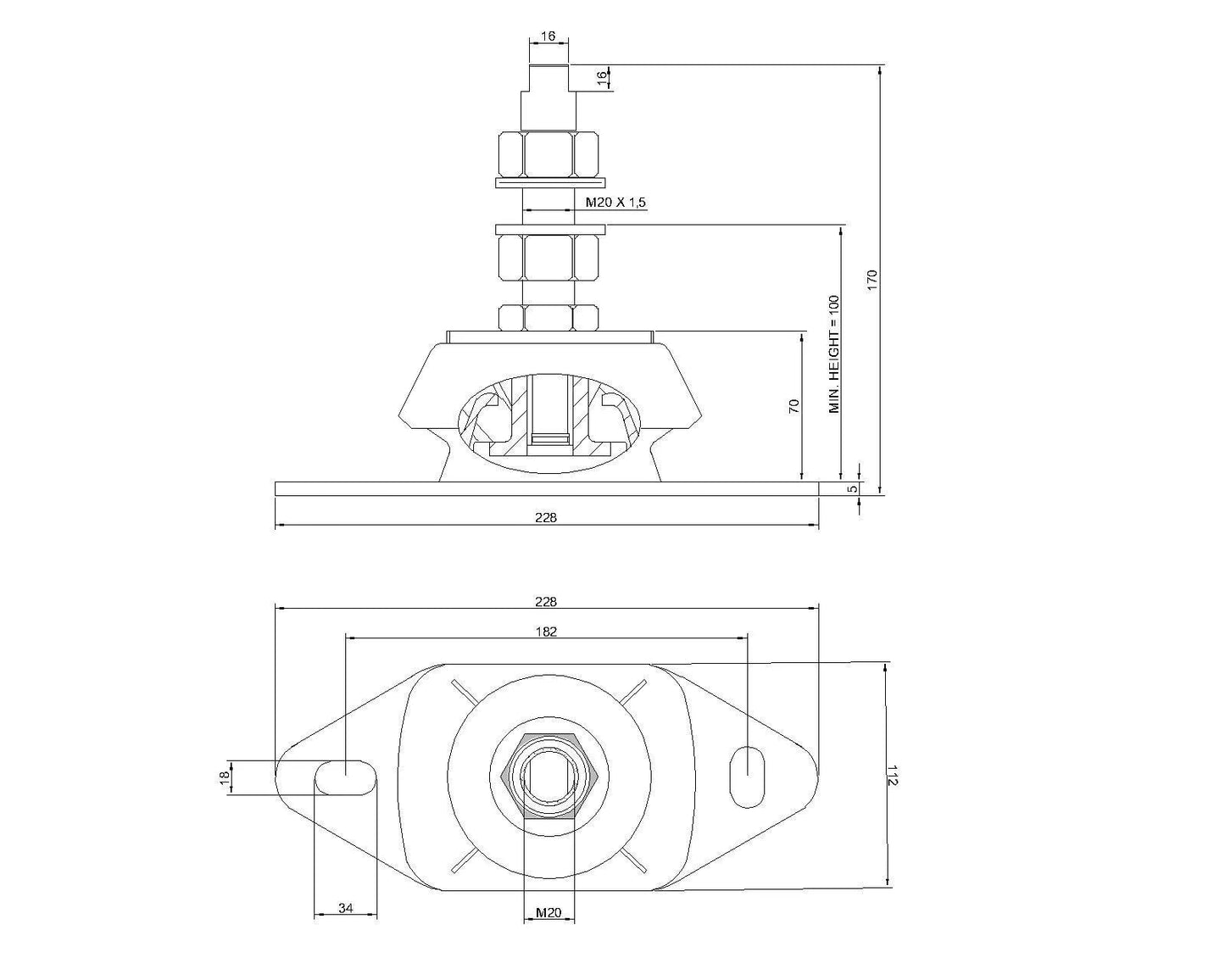Novibrasyon Marin 500KG marine engine mount technical drawing showing dimensions, M20 stud, and flexible rubber element.