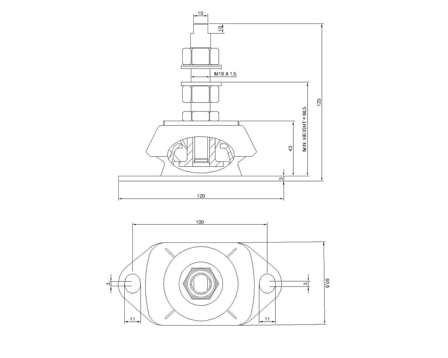 Novibrasyon Marin technical drawing of a marine engine mount, 55KG capacity, M16 x 1.5 stud, showing dimensions and construction.