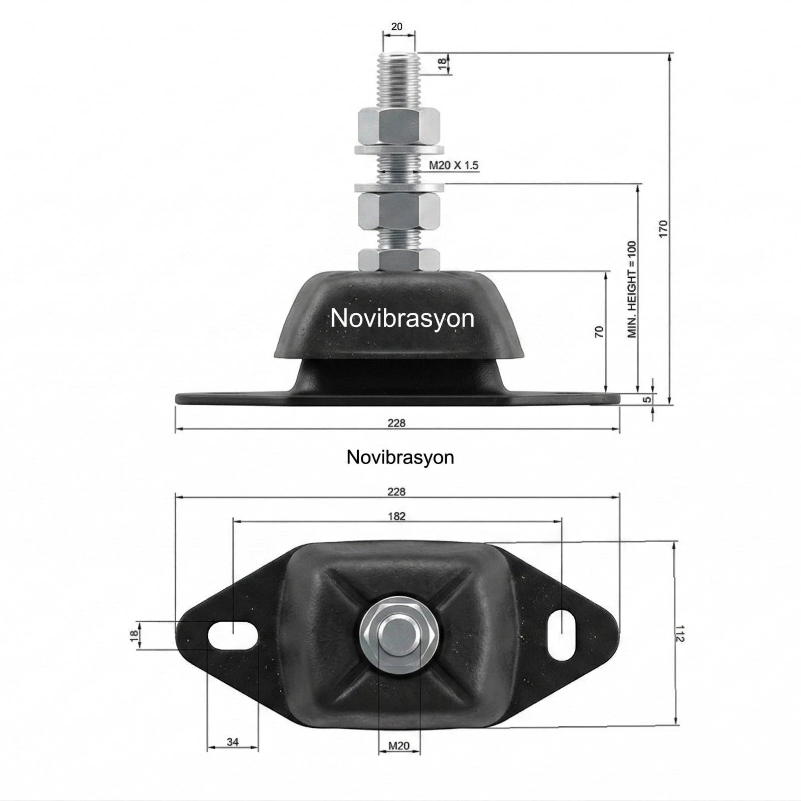 Novibrasyon Marin heavy duty black rubber marine engine mount with 20mm stud and dimensions shown.