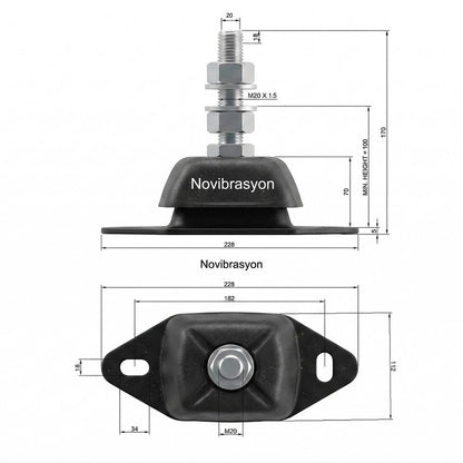 Novibrasyon Marin heavy duty black rubber marine engine mount with 20mm stud and dimensions shown.
