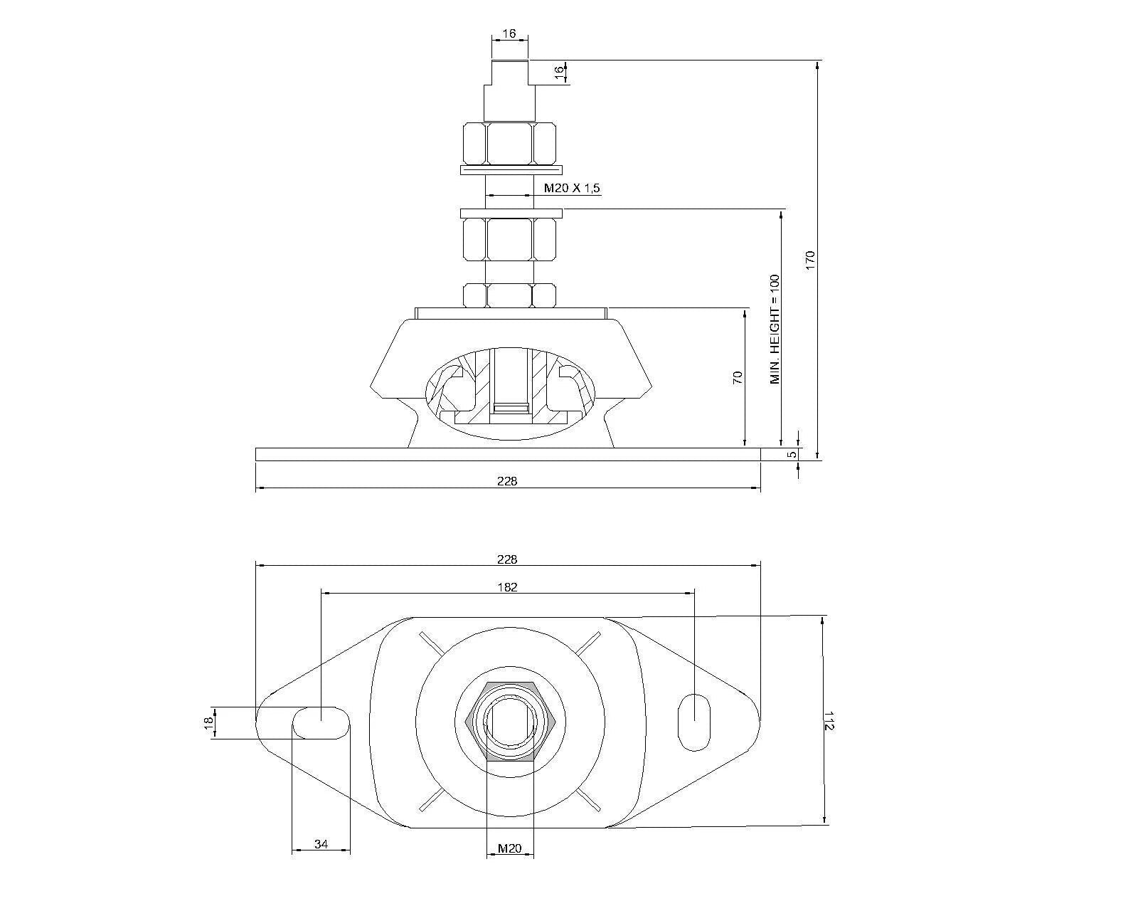 Novibrasyon Marin 800KG marine engine mount technical drawing with dimensions. Features M20 stud and flexible rubber element.