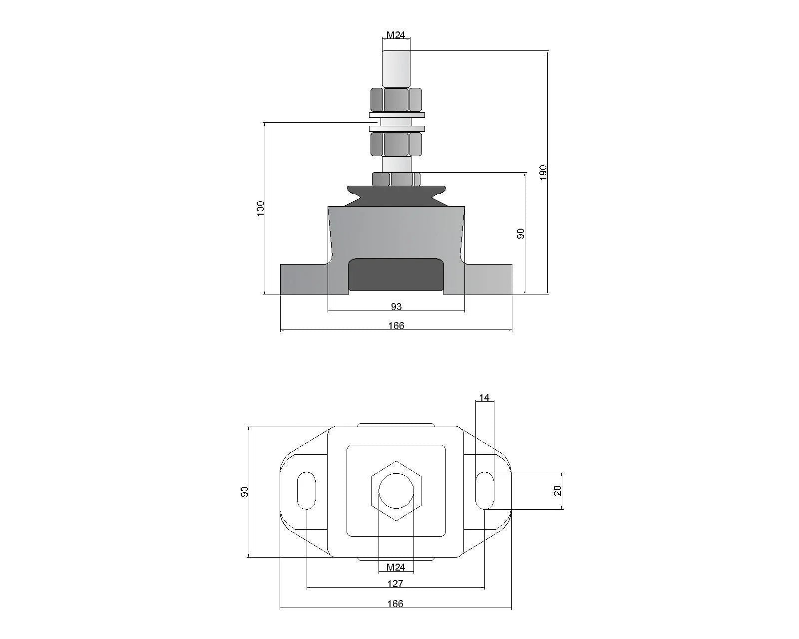 Novibrasyon Marin engine mount technical drawing with dimensions for Cummins and CAT marine diesel engines.