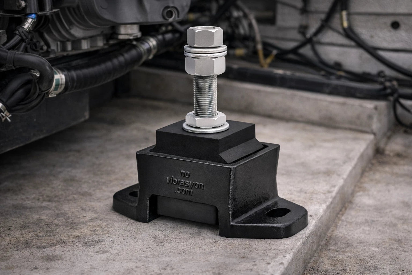 Novibrasyon Marin black rubber and metal M20 stud engine mount for Cummins 5.9L marine diesel engines.