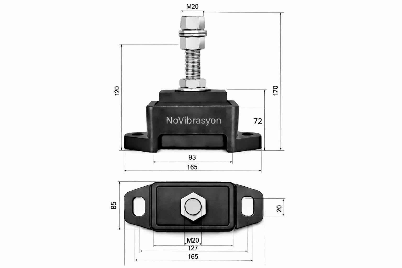 Novibrasyon Marin engine mount with M20 stud for Cummins 5.9L diesel engines. Black rubber and metal construction with dimensions shown.