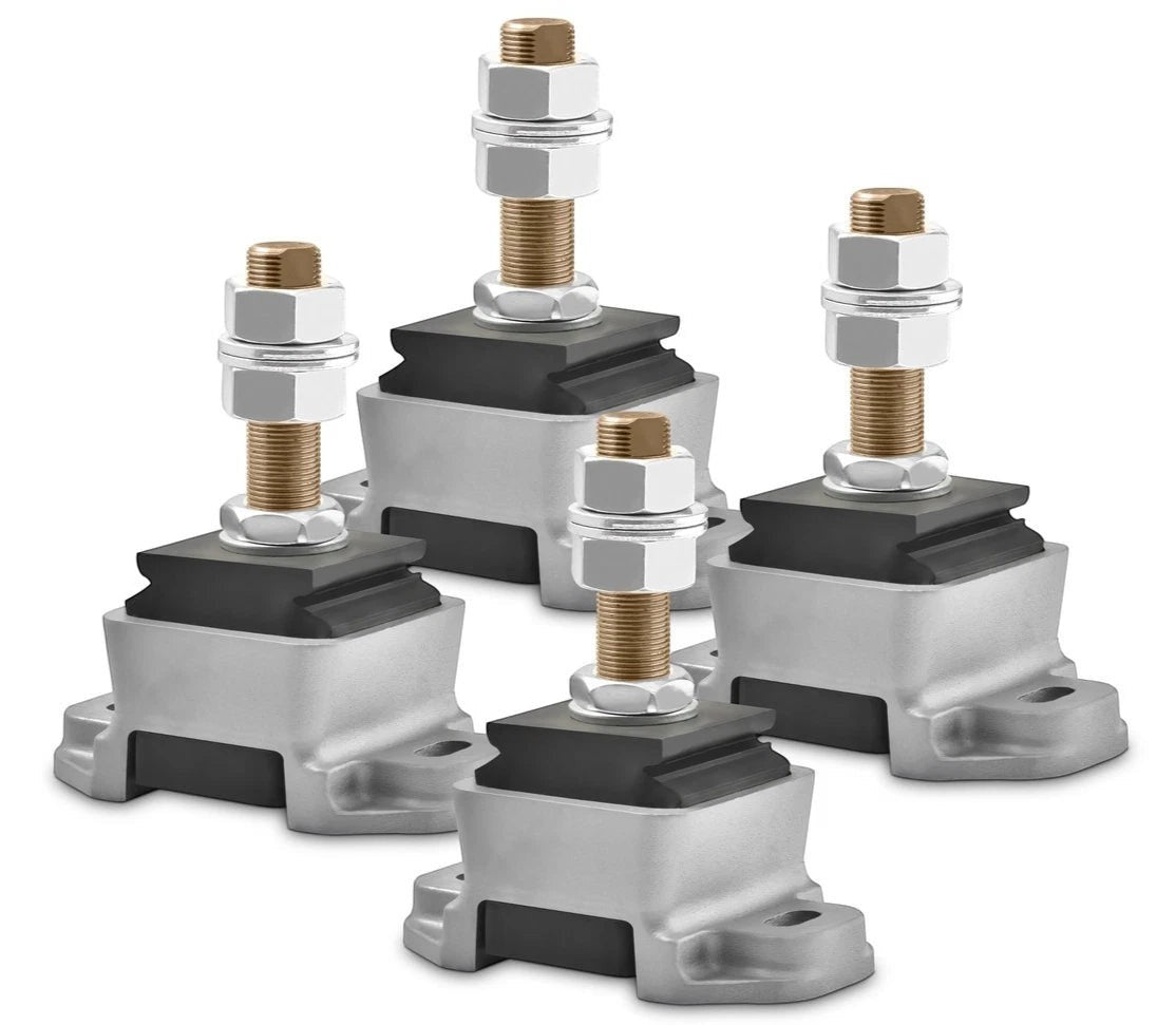 Novibrasyon Marin set of 4 engine mounts with silver metal bases, black rubber isolators, and threaded studs with nuts.