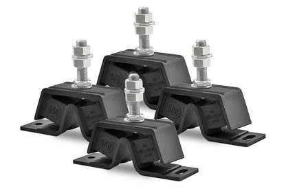 Novibrasyon Marin heavy-duty engine mount set for Yanmar 3QM and 3JH engines. Black rubber and galvanized steel construction with threaded bolts.