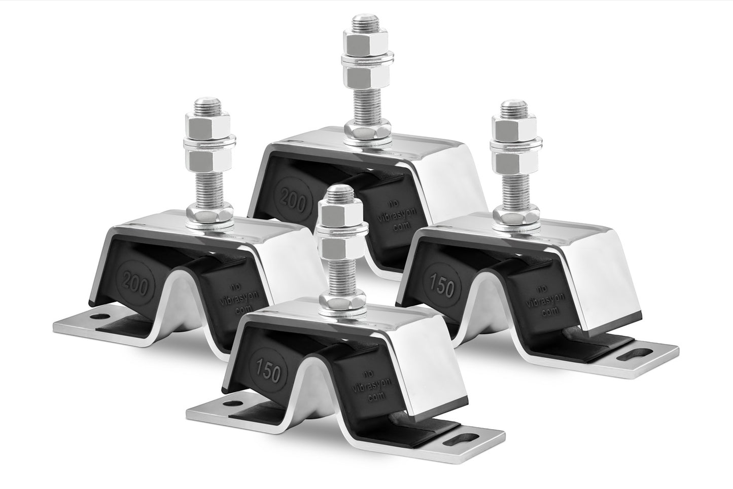 Novibrasyon Marin stainless steel engine mounts for Yanmar 4JH series, #150 and #200 sizes, reducing vibration and corrosion.