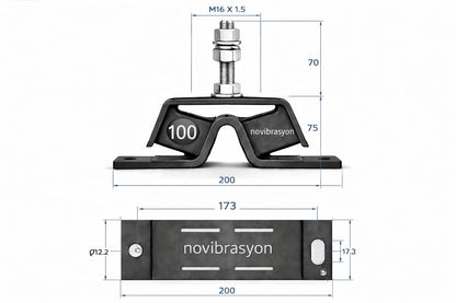 Novibrasyon Marin black heavy-duty steel engine mount with dimensions, replaces Yanmar #100