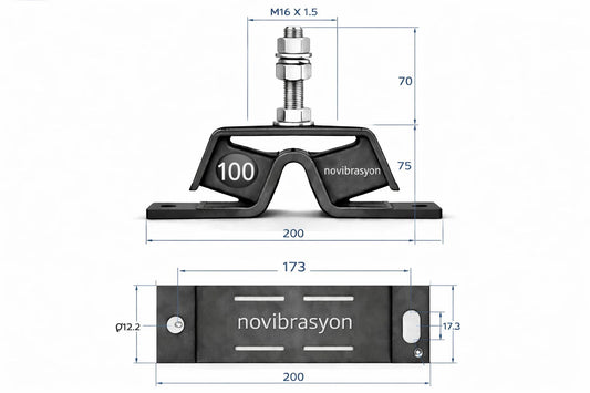 Novibrasyon Marin black heavy-duty steel engine mount with dimensions, replaces Yanmar #100