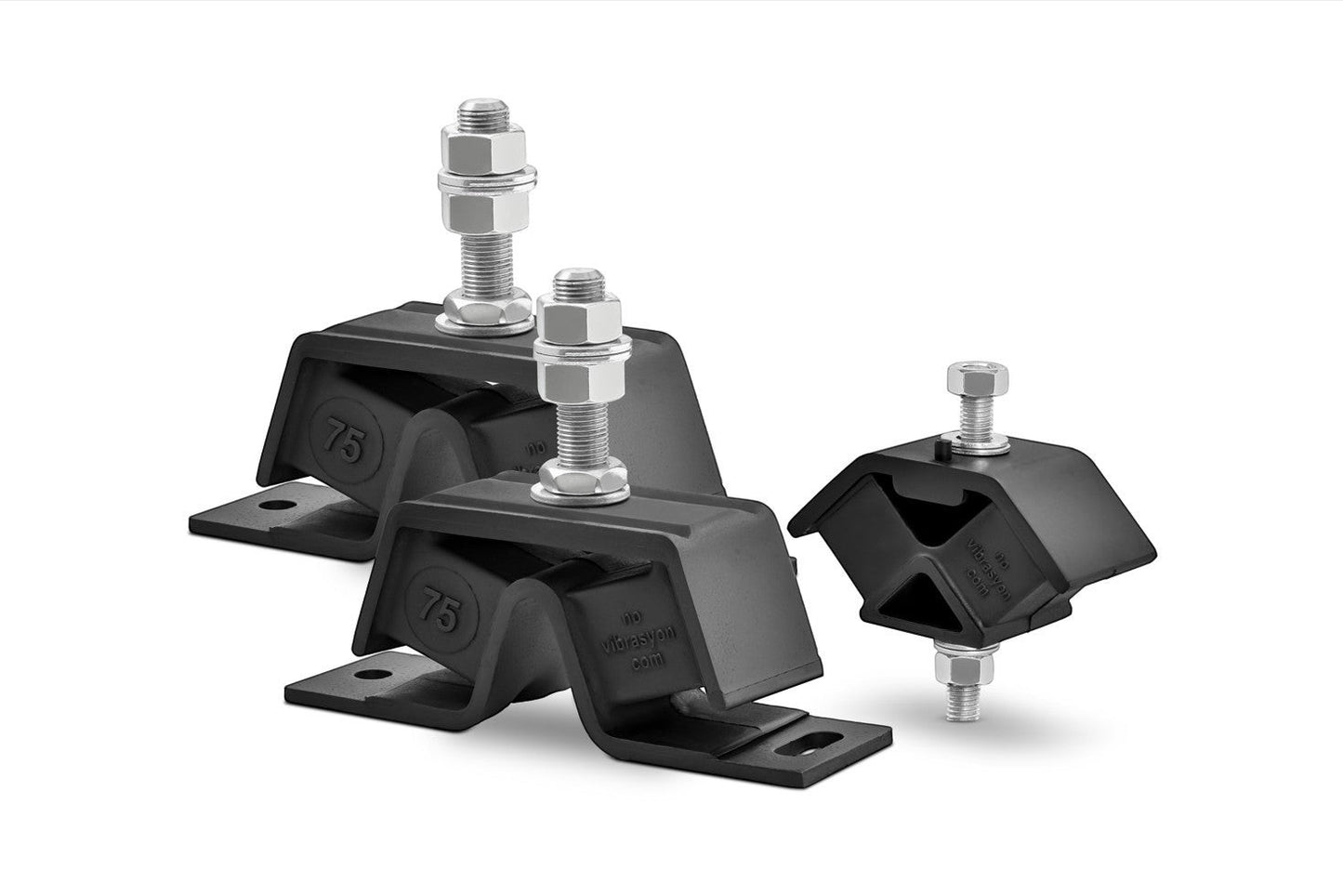 Novibrasyon Marin engine mount set for Yanmar saildrive engines. Black rubber and metal construction with bolts and nuts.