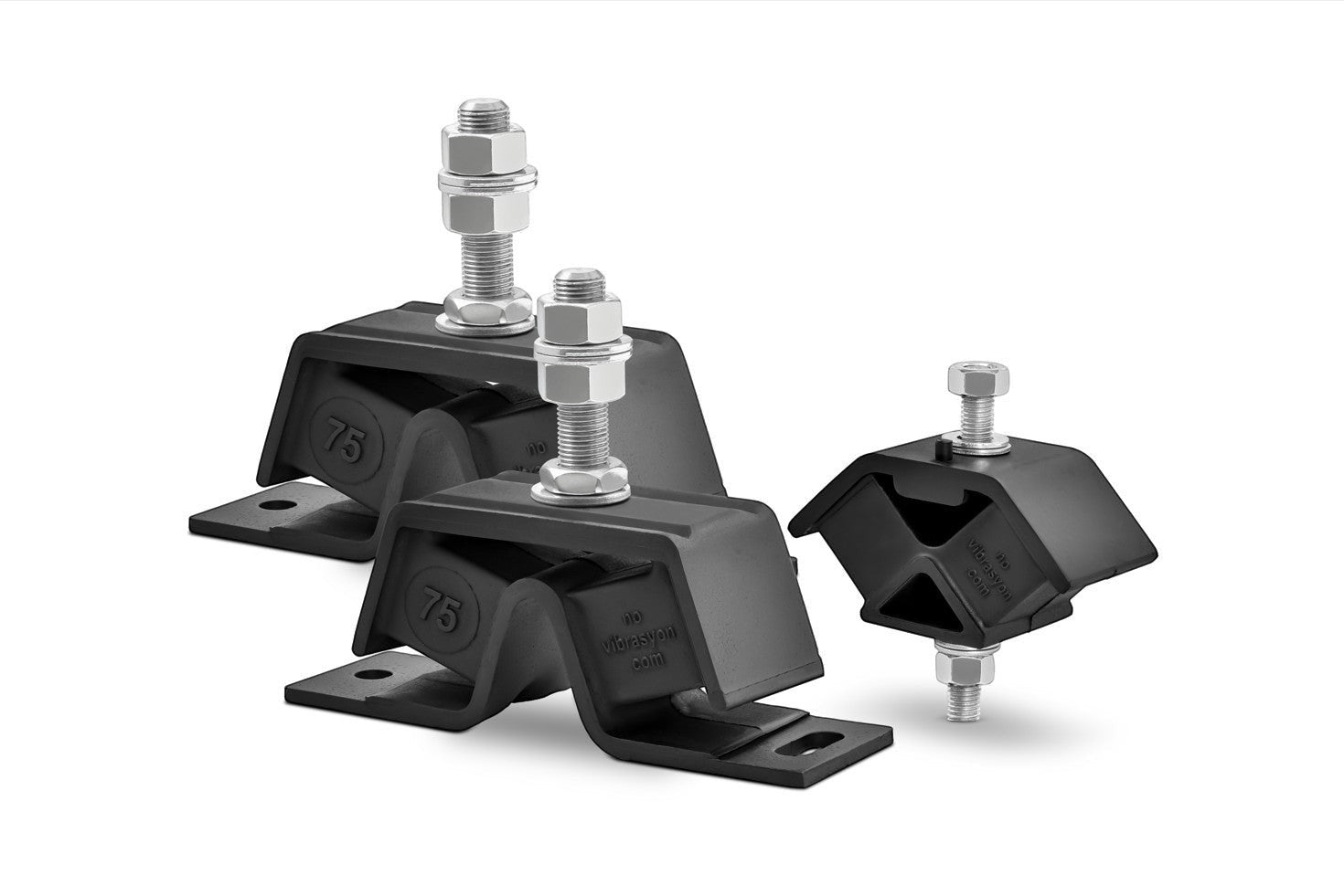 Novibrasyon Marin engine mount set for Yanmar saildrive engines. Black rubber and metal construction with bolts and nuts.