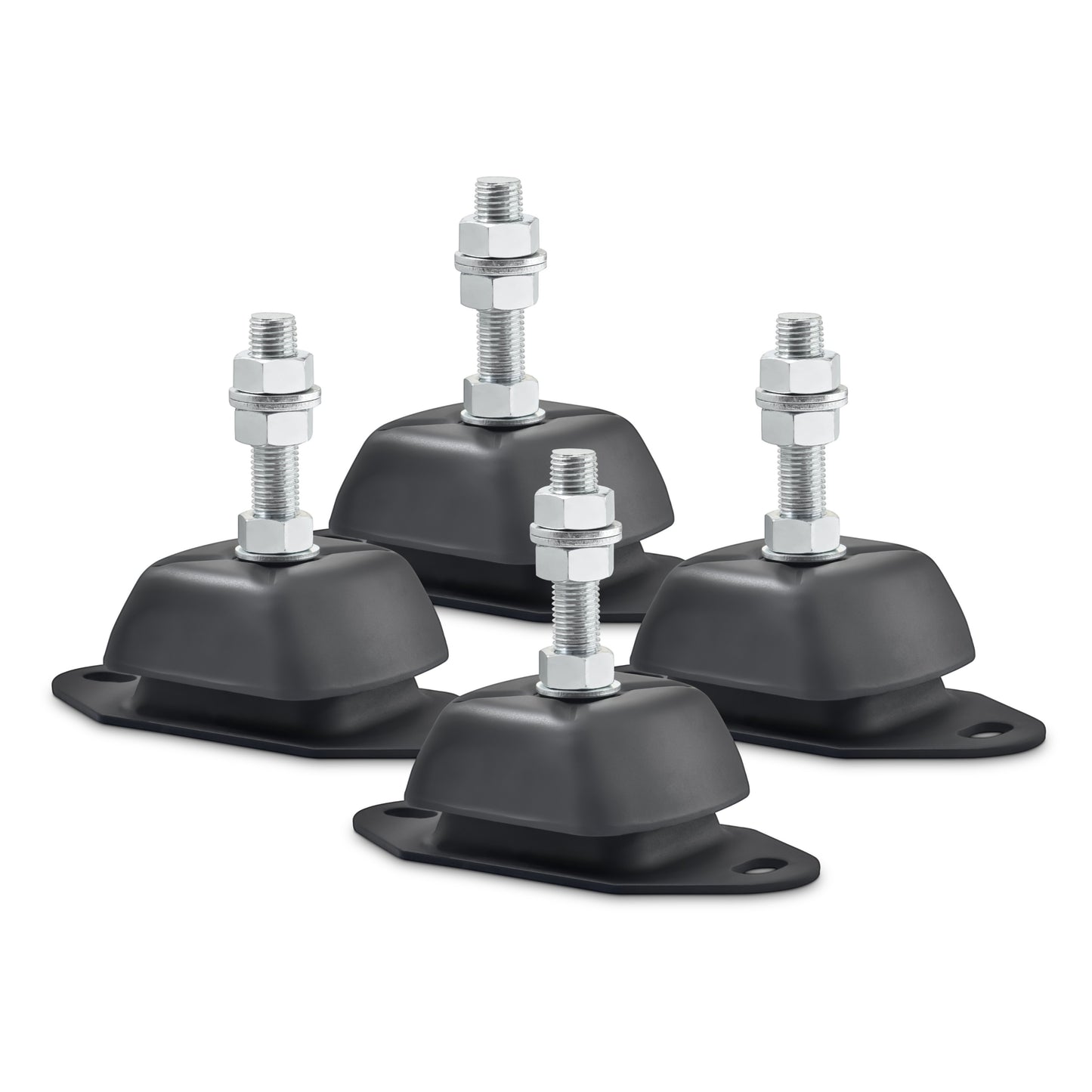 Novibrasyon Marin set of 4 black rubber marine engine mounts with 20mm studs and metal bases, 800KG capacity.