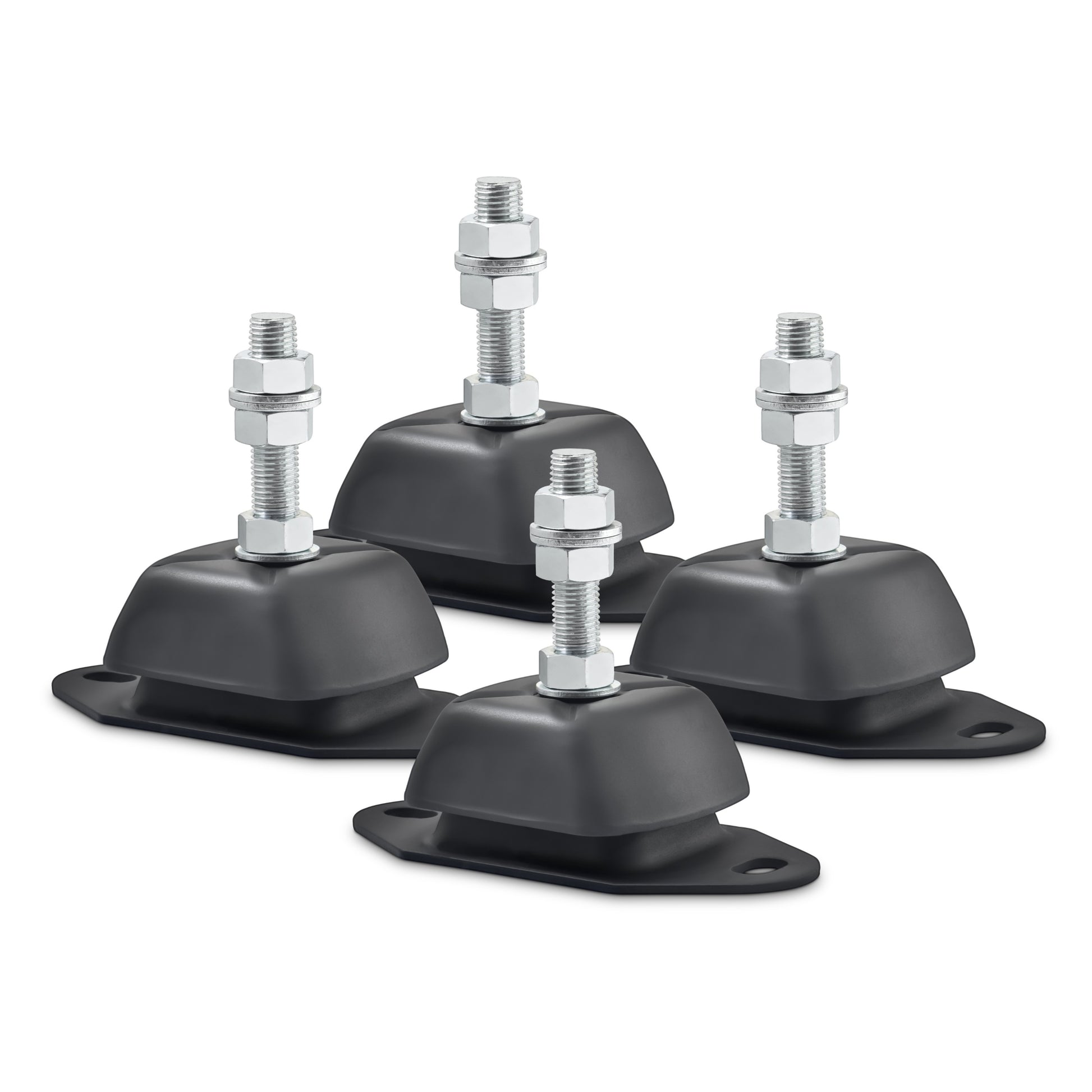 Novibrasyon Marin set of 4 black rubber marine engine mounts with 20mm studs and metal bases, 800KG capacity.