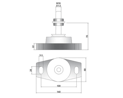 Novibrasyon Marin MT1 marine engine mount technical drawing showing dimensions and M16 bolt.