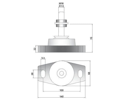 Novibrasyon Marin MT1 marine engine mount technical drawing showing dimensions and M16 bolt.