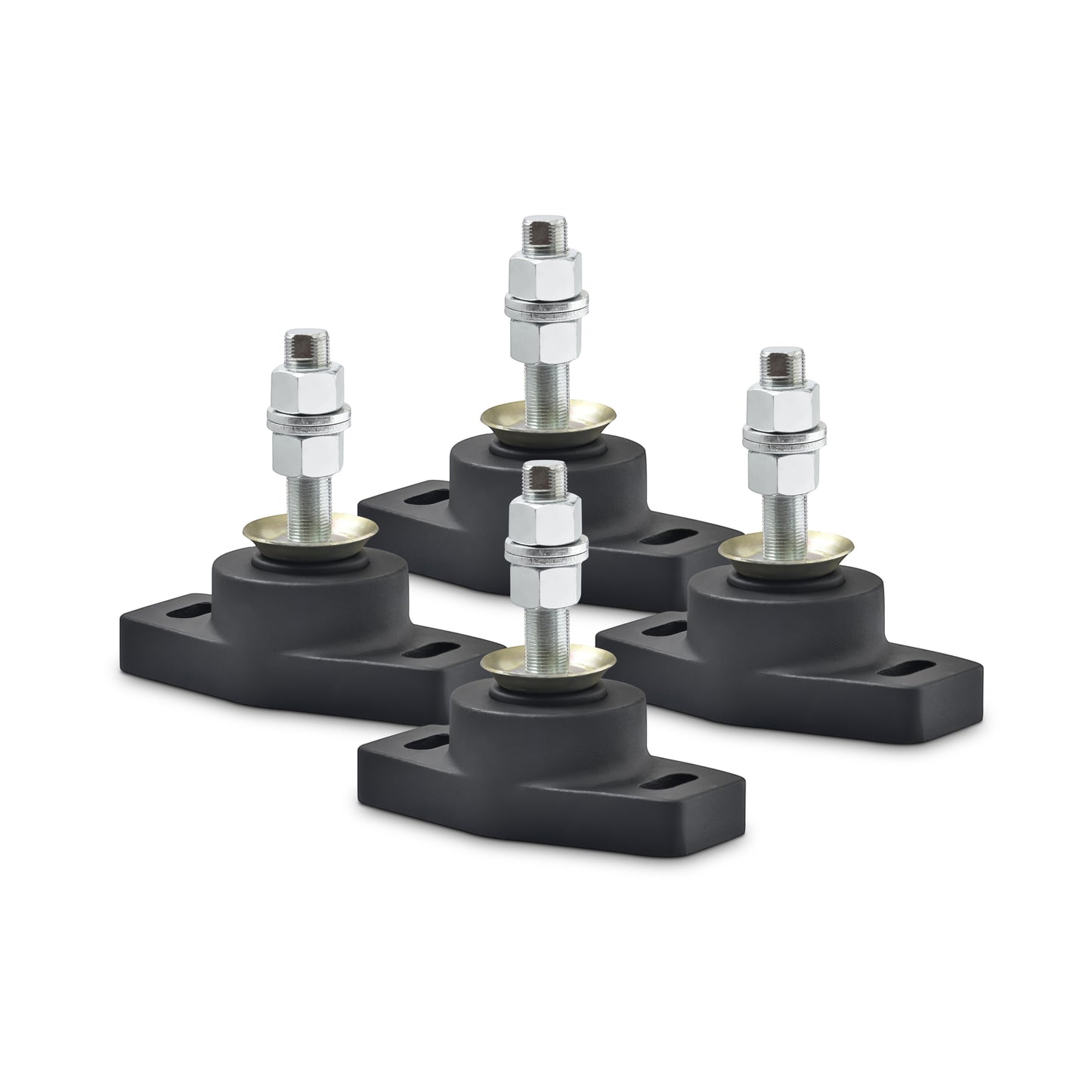 Novibrasyon Marin MT1 set of 4 black rubber marine engine mounts with metal bolts and nuts, designed for vibration dampening.