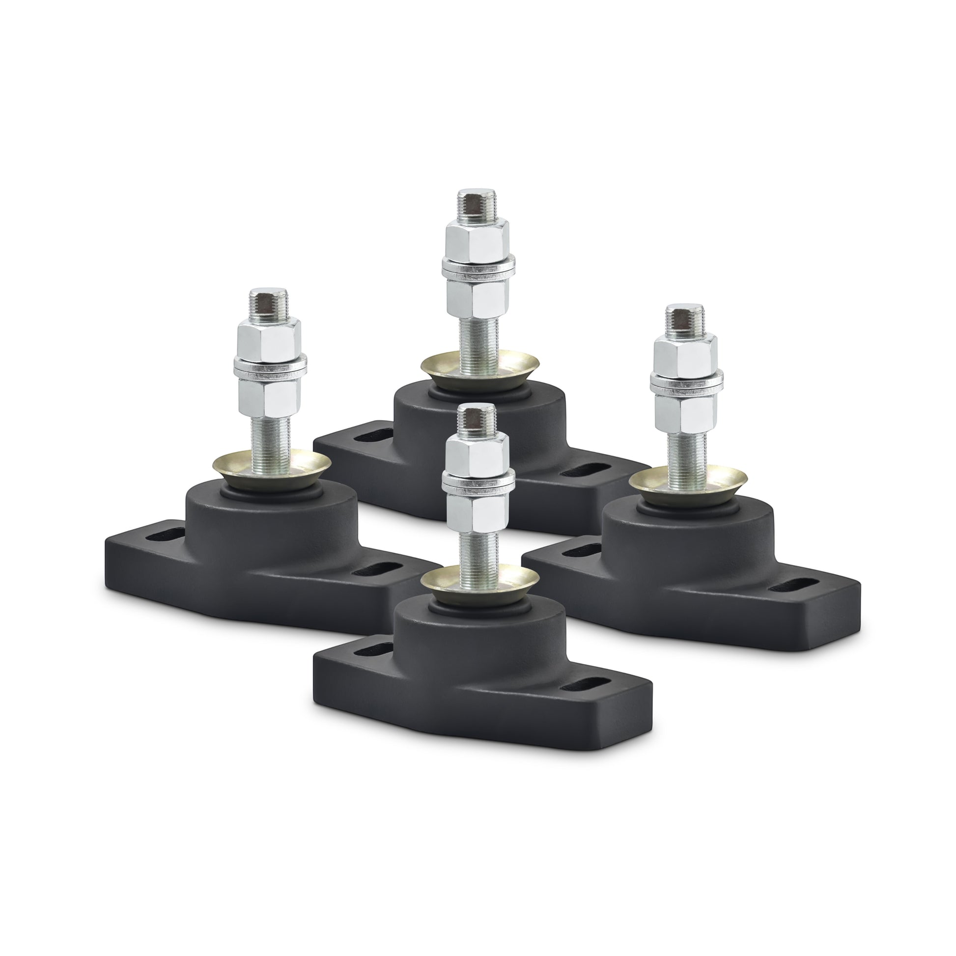 Novibrasyon Marin MT1 set of 4 black rubber marine engine mounts with metal bolts and nuts, designed for vibration dampening.