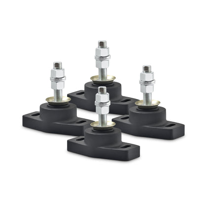Novibrasyon Marin MT1 set of 4 black rubber marine engine mounts with metal bolts and nuts, designed for vibration dampening.