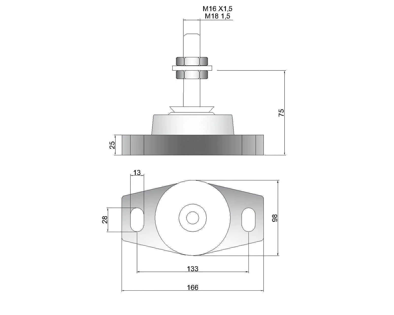 Novibrasyon Marin MT2 marine engine mount technical drawing with dimensions. Features vibration dampening.