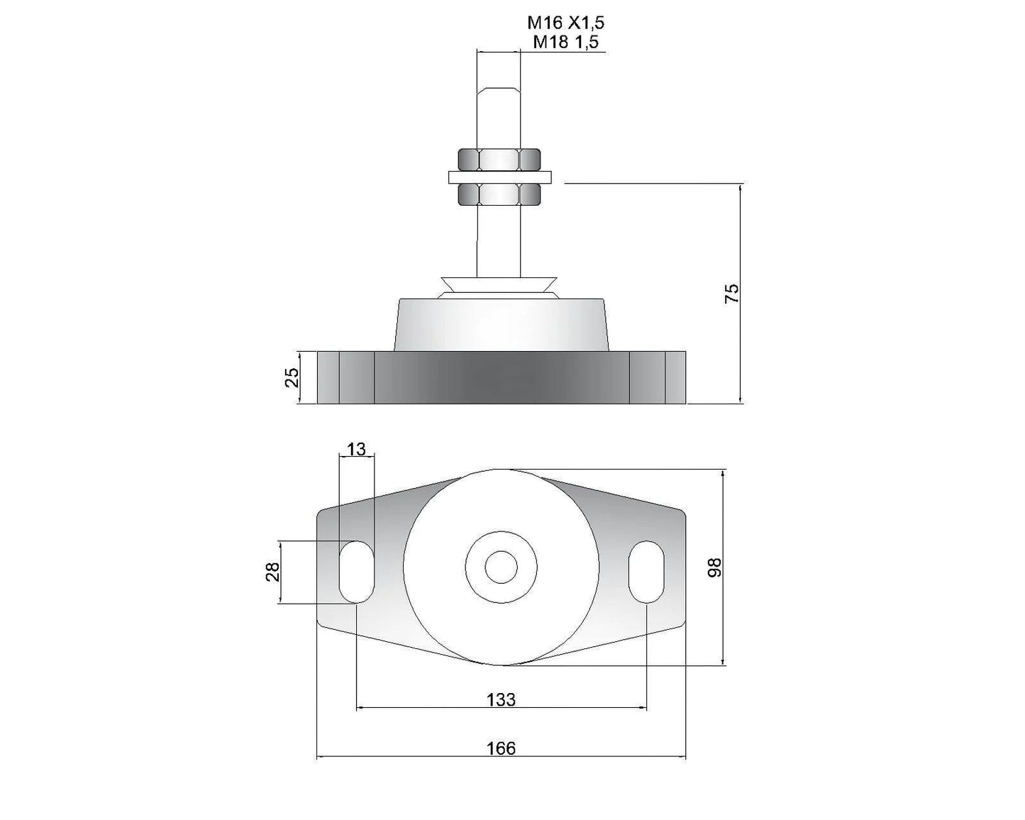 Novibrasyon Marin MT2 marine engine mount technical drawing showing dimensions and M16/M18 thread sizes.