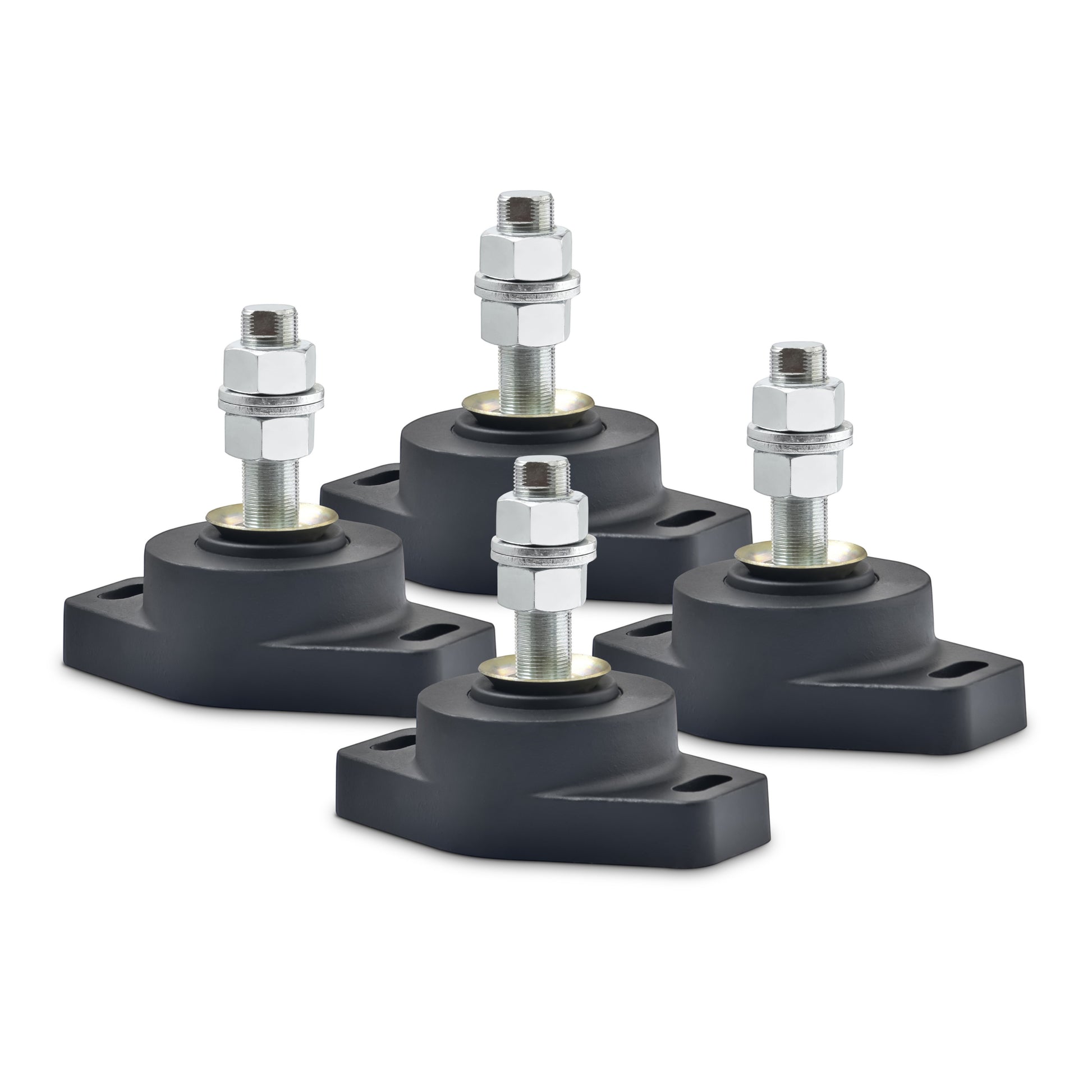 Novibrasyon Marin MT2 set of 4 black rubber marine engine mounts with metal bolts and nuts for vibration dampening.
