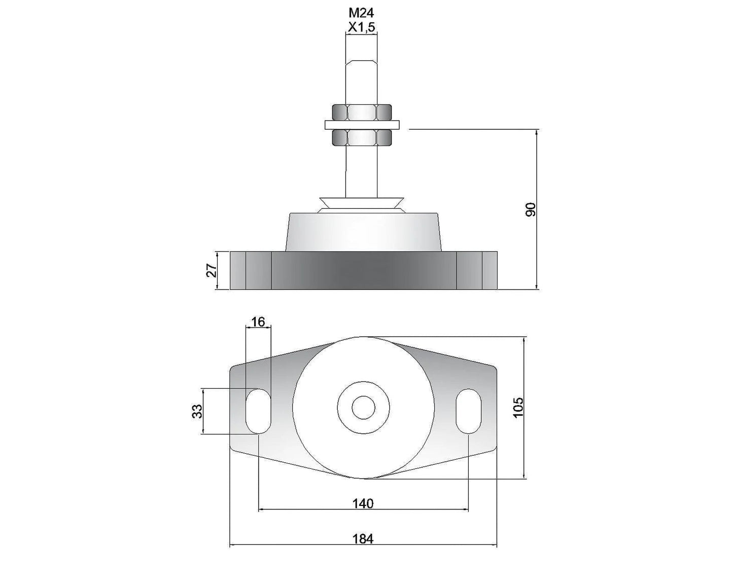 Novibrasyon Marin MT3 marine engine mount technical drawing showing dimensions and M24 bolt.