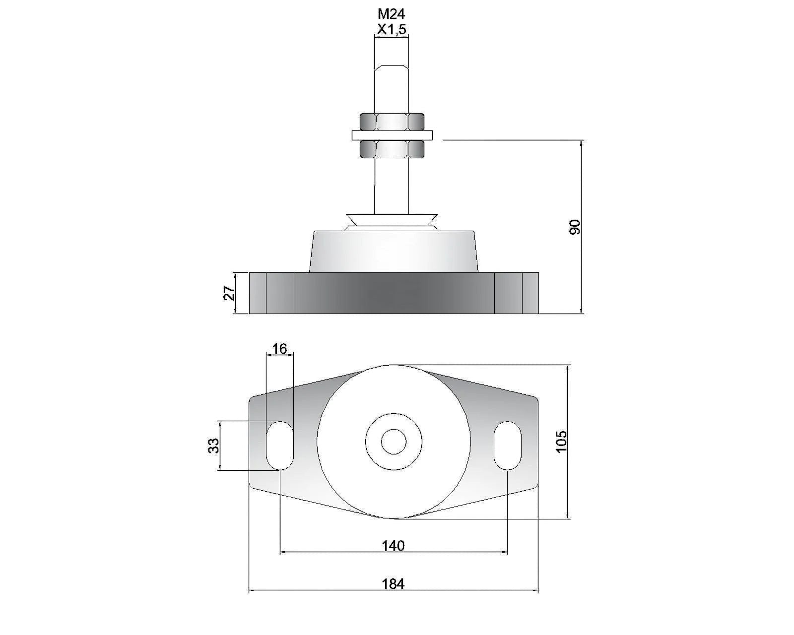Novibrasyon Marin MT3 marine engine mount technical drawing showing dimensions and M24 bolt.