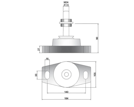 Novibrasyon Marin MT3 marine engine mount technical drawing showing dimensions and M24 bolt.
