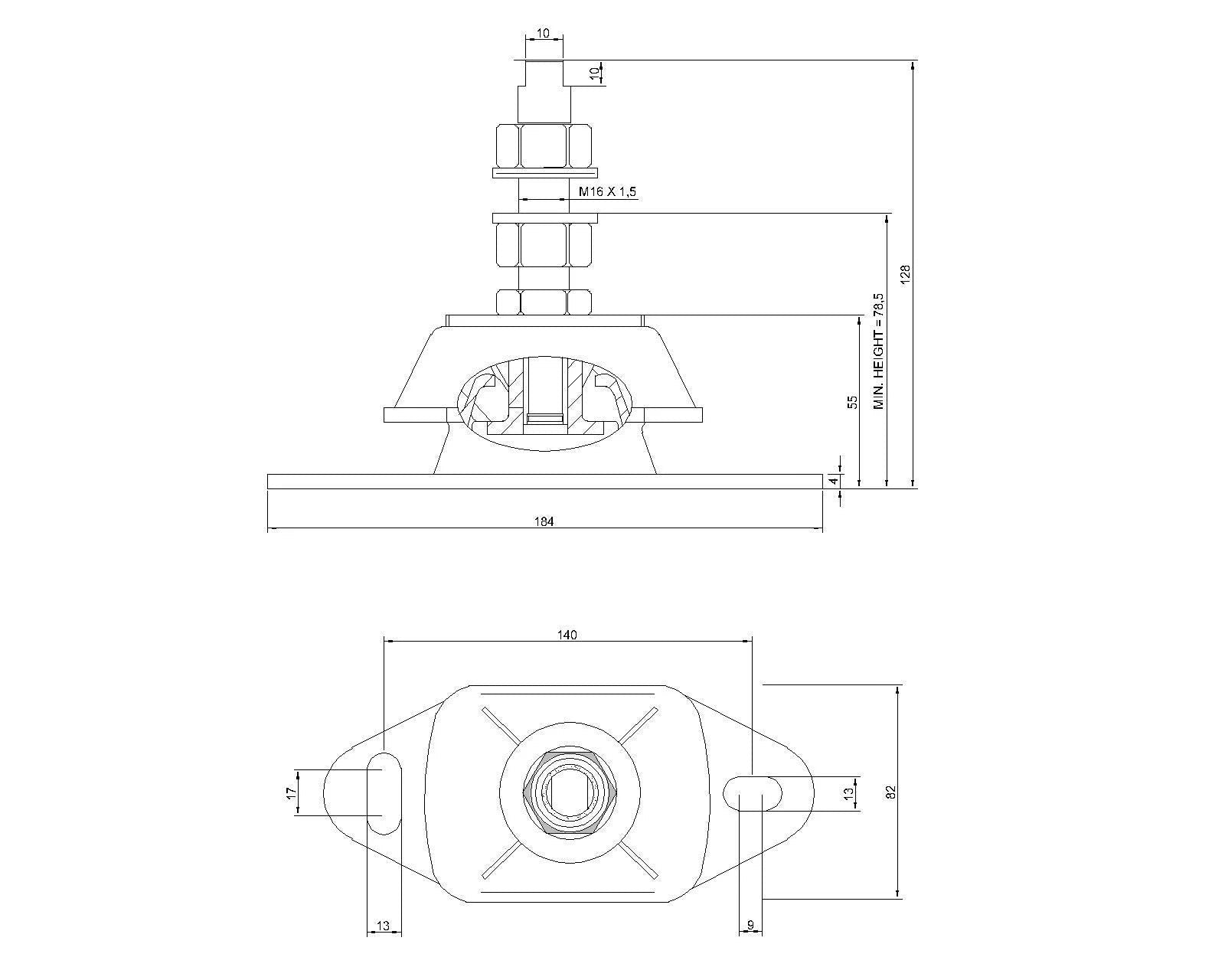 Novibrasyon Marin stainless steel marine engine mount technical drawing with dimensions. Features M16 stud and 300KG load capacity.