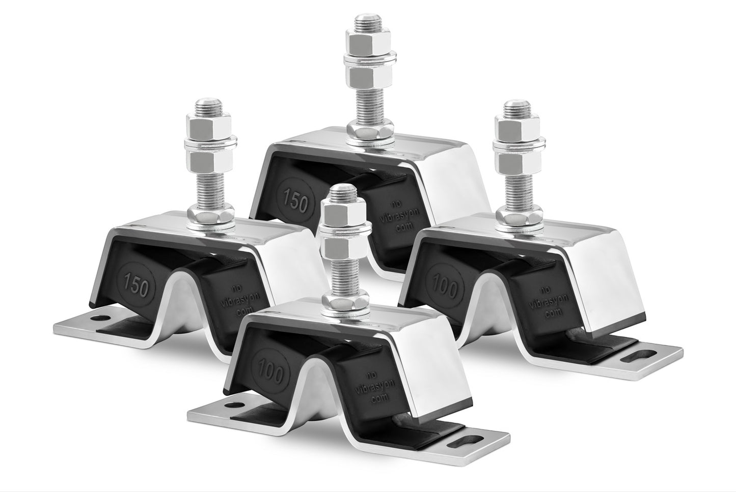 Novibrasyon Marin stainless steel engine mounts for Yanmar 3QM and 3JH engines. Set includes two #100 and two #150 mounts.