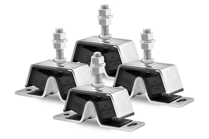 Novibrasyon Marin stainless steel engine mounts for Yanmar 3QM and 3JH engines. Set includes two #100 and two #150 mounts.