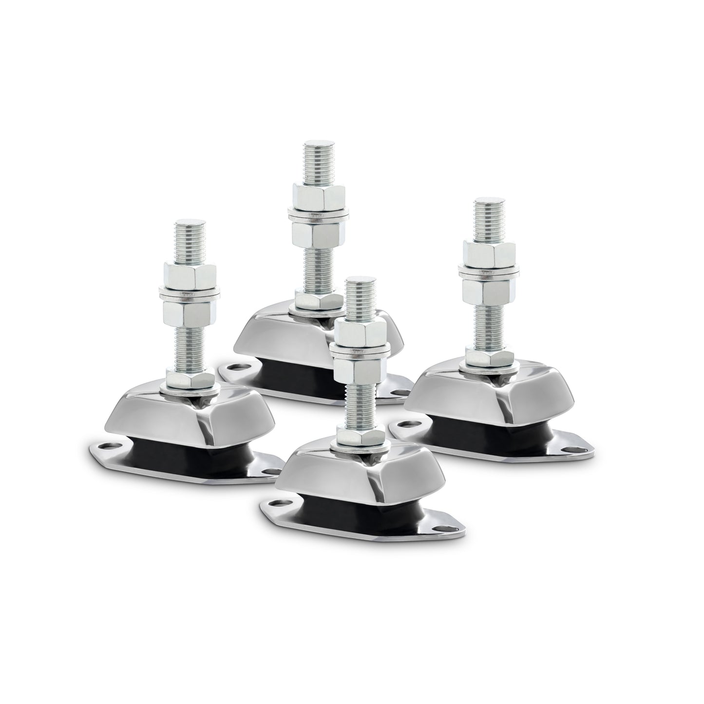 Novibrasyon Marin set of 4 stainless steel marine engine mounts with black rubber vibration dampeners and threaded studs.