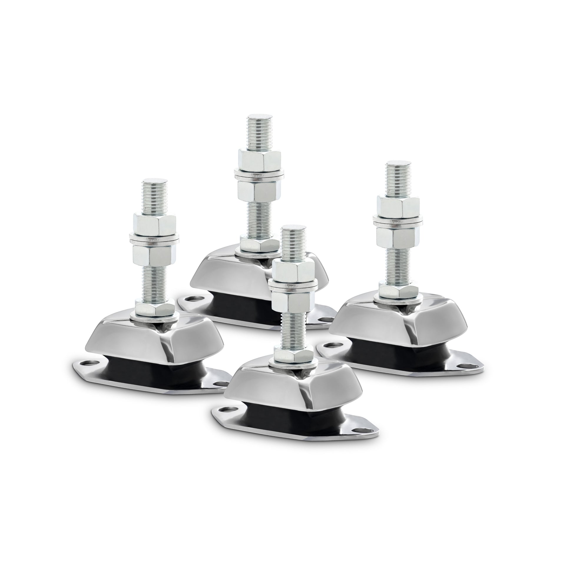 Novibrasyon Marin set of 4 stainless steel marine engine mounts with black rubber vibration dampeners and threaded studs.